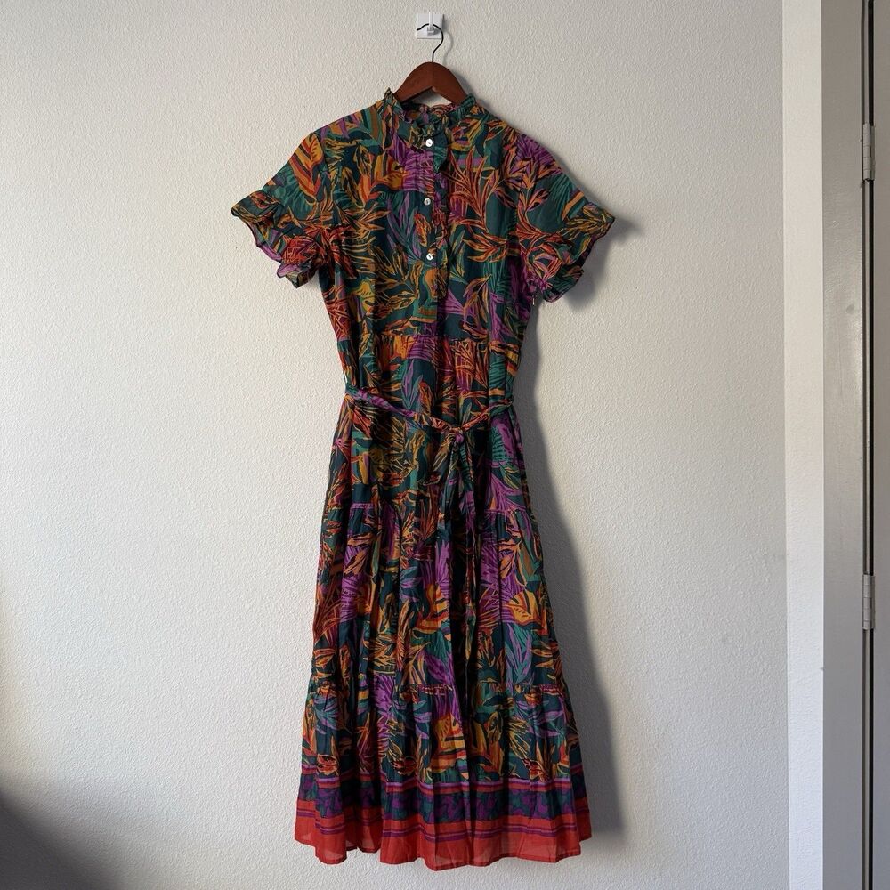 J.Marie Asher Leaf Floral Cotton Midi Dress Cottagecore Boho Ruffle Belt Small